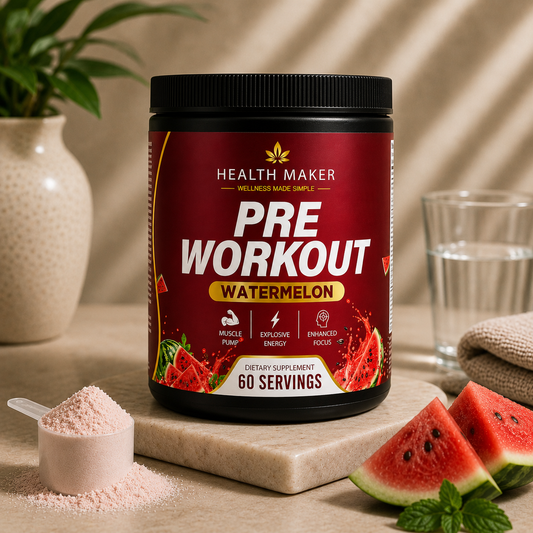 Health Maker Pre-Workout Watermelon 60 servings container, product detail view