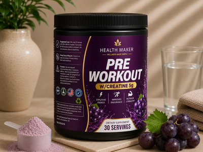 Health Maker Pre-Workout plus Creatine Grape 30 servings container, product detail view